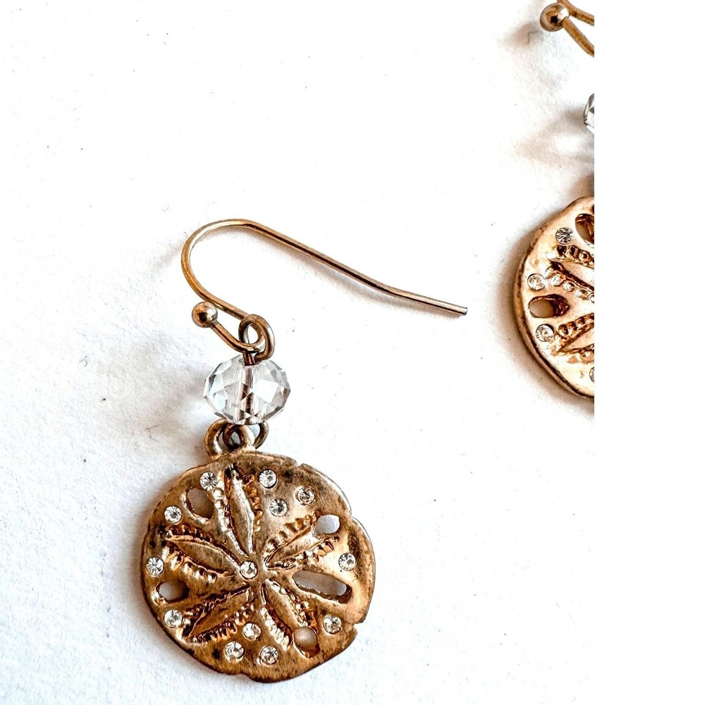 Sand Dollar Dangle Earrings Gold Tone Crystal Beach Coastal Nautical Jewelry - Picture 4 of 6